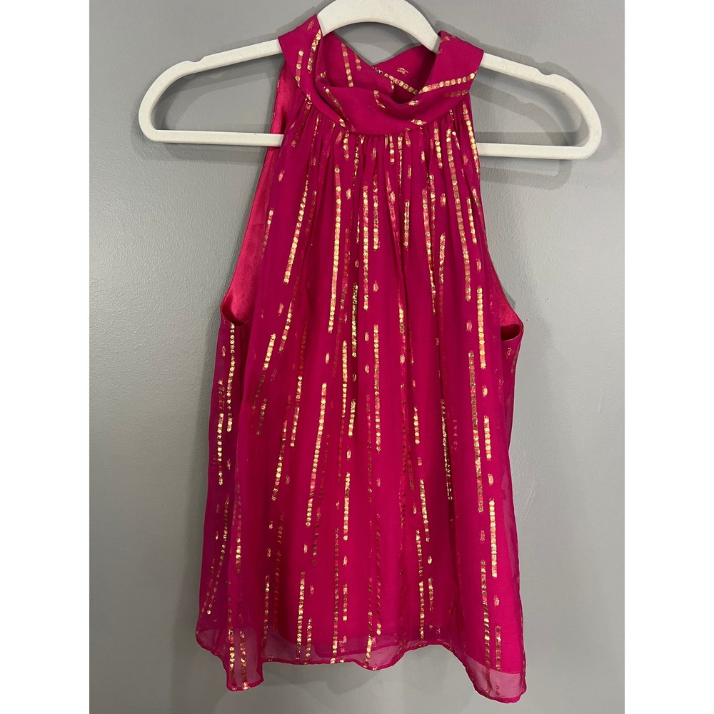 Milly Halter Top Womens 4 Pink Great Silk Gold Metallic Stripe High Neck Blouse